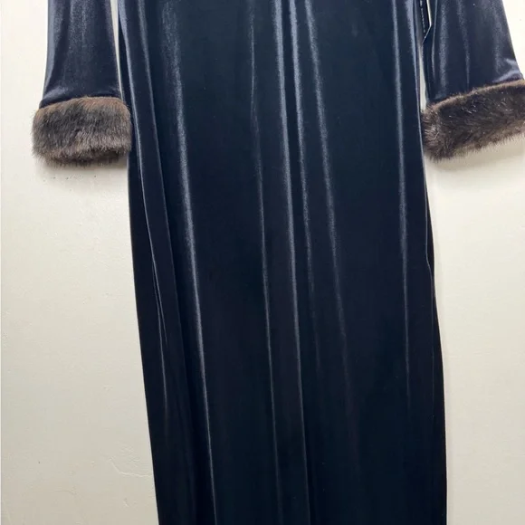 Patra womens L black velvet long sleeve fur cuff maxi dress witchy Gala formal - Picture 5 of 9